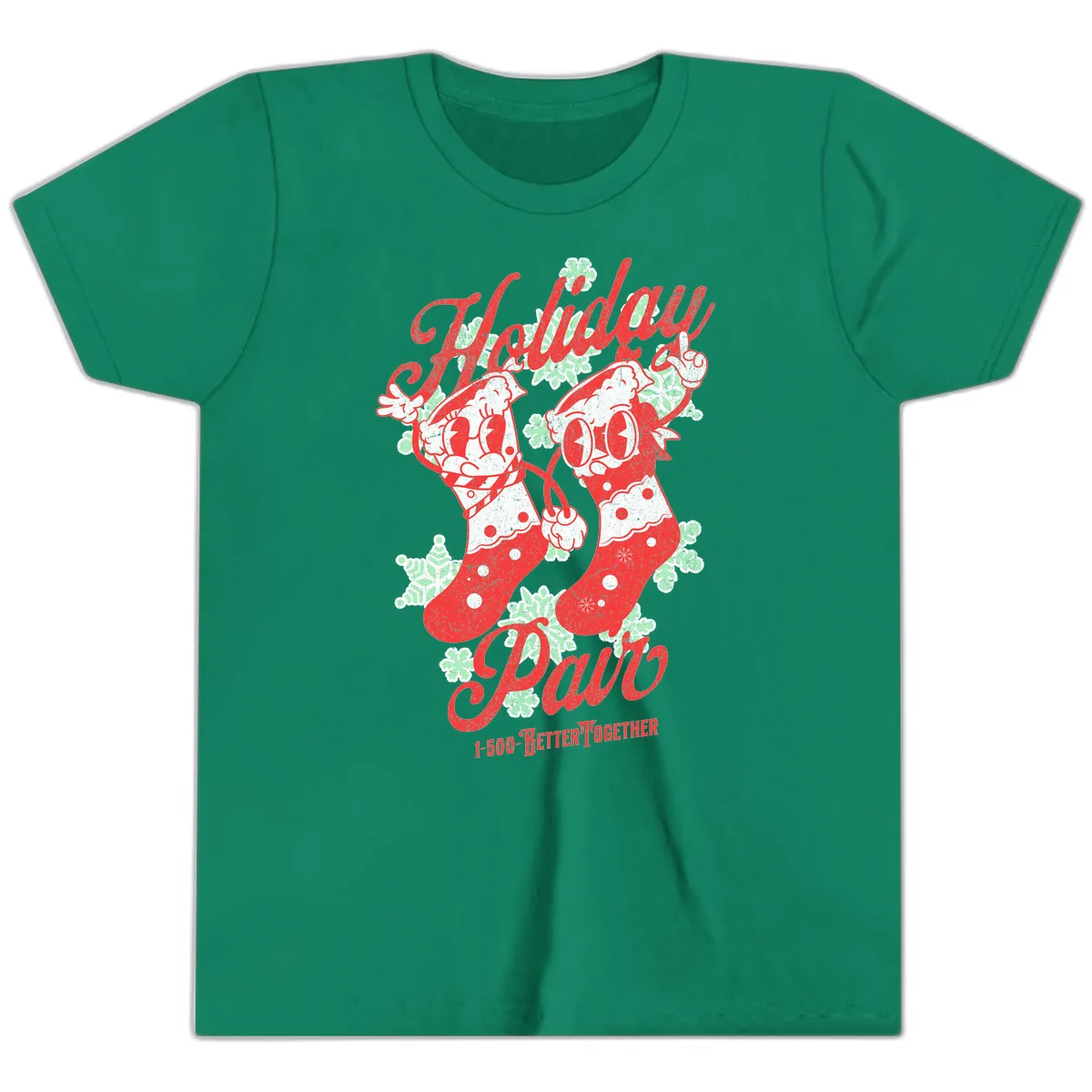 Holiday Pair Christmas Stockings Youth T-Shirt in Kelly