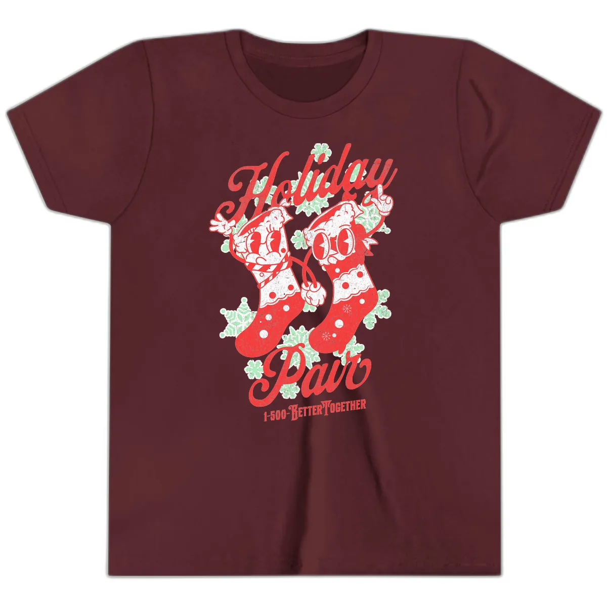 Holiday Pair Christmas Stockings Youth T-Shirt in Maroon