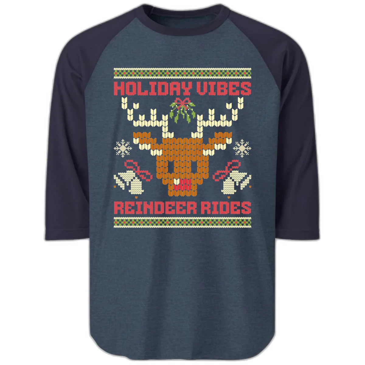 Holiday Vibes Reindeer Rides Raglan 3/4 in Heather Denim Navy