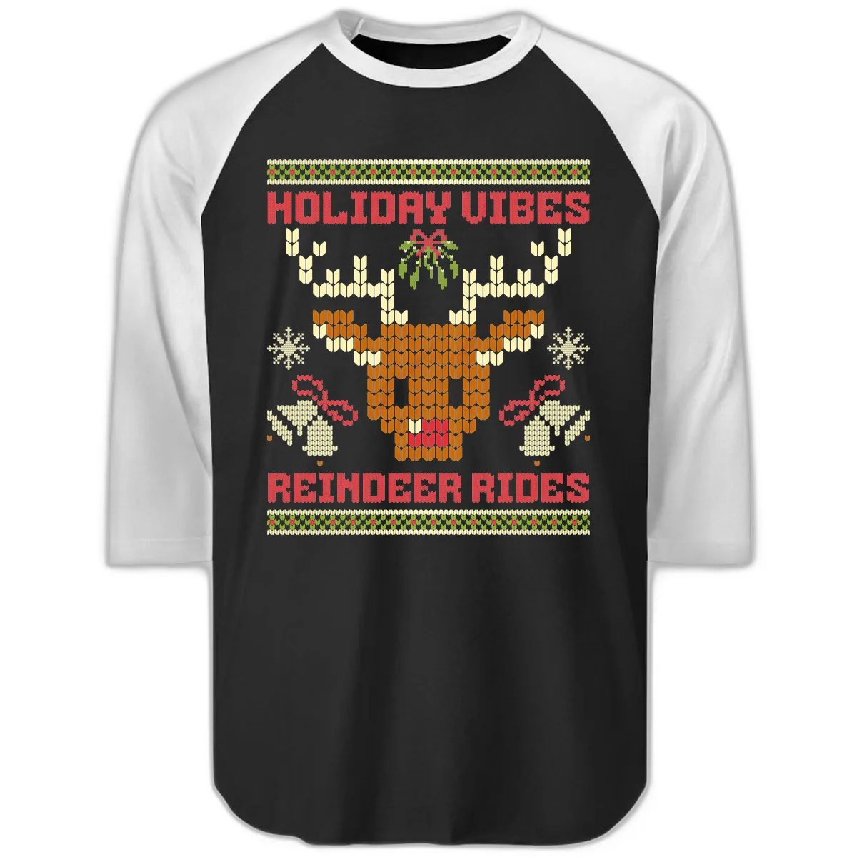 Holiday Vibes Reindeer Rides Raglan 3/4 in Black White
