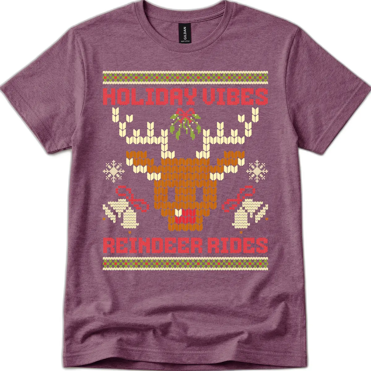 Holiday Vibes Reindeer Rides T-Shirt in Heather Maroon