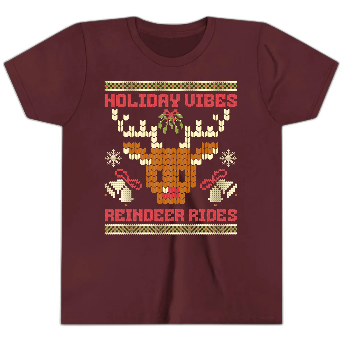 Holiday Vibes Reindeer Rides Youth T-Shirt in Maroon