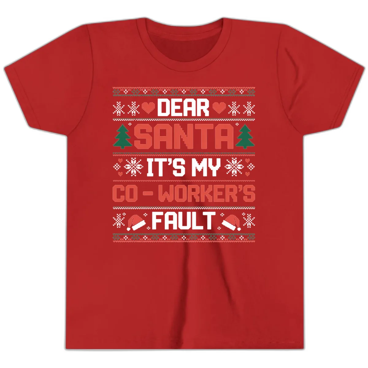 Dear Santa It's My Co-Worker's Fault Youth T-Shirt in Red
