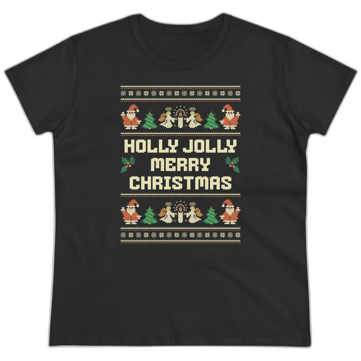 Holly Jolly Ugly Christmas Sweater Ladies Tee in Black