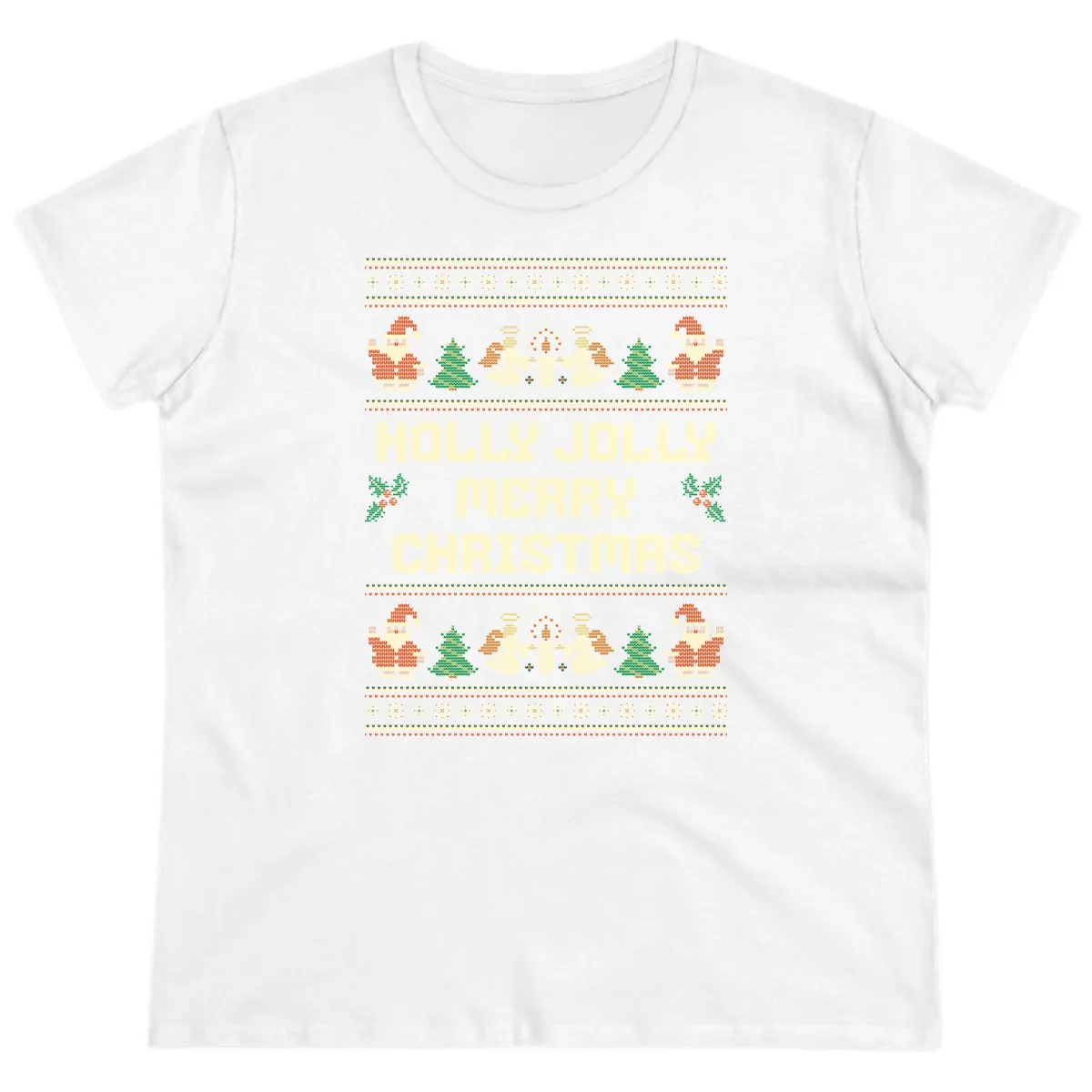 Holly Jolly Ugly Christmas Sweater Ladies Tee in White