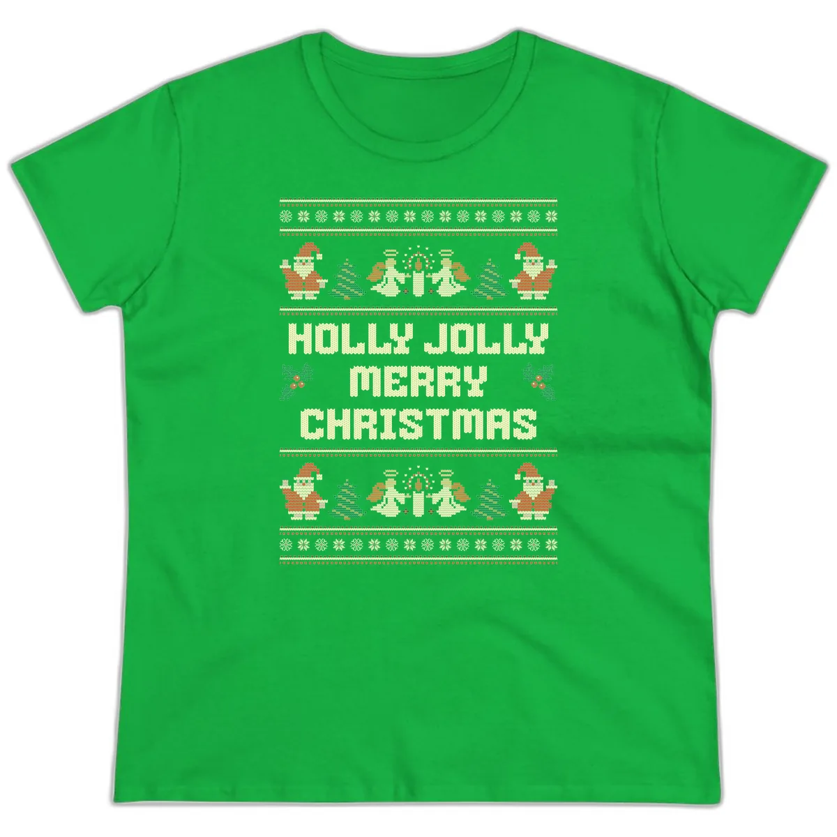 Holly Jolly Ugly Christmas Sweater Ladies Tee in Irish Green