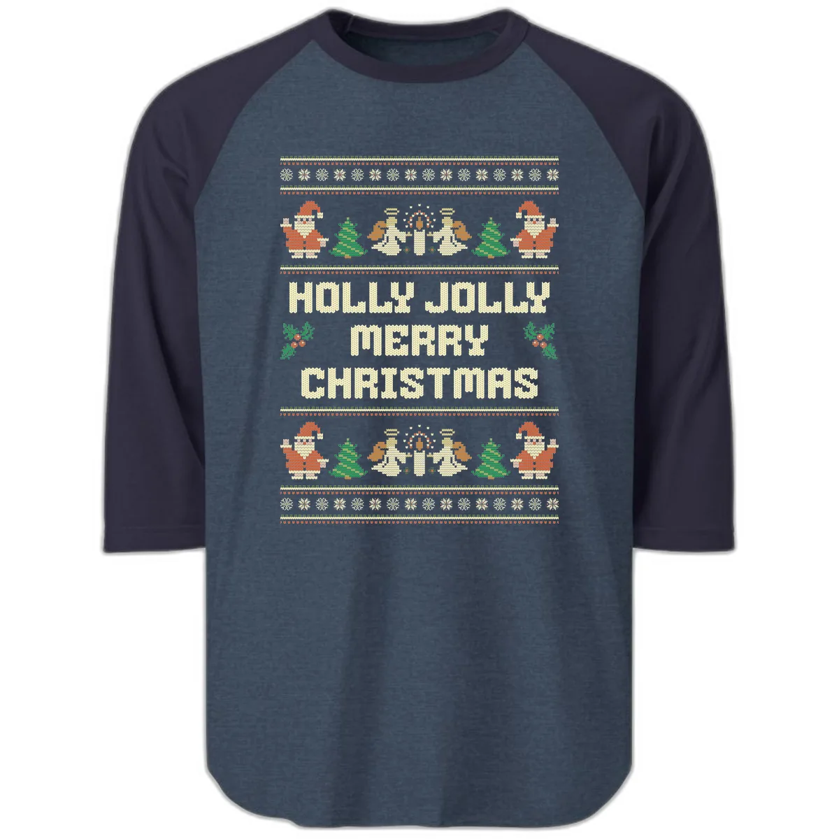 Holly Jolly Ugly Christmas Sweater Raglan 3/4 in Heather Denim Navy