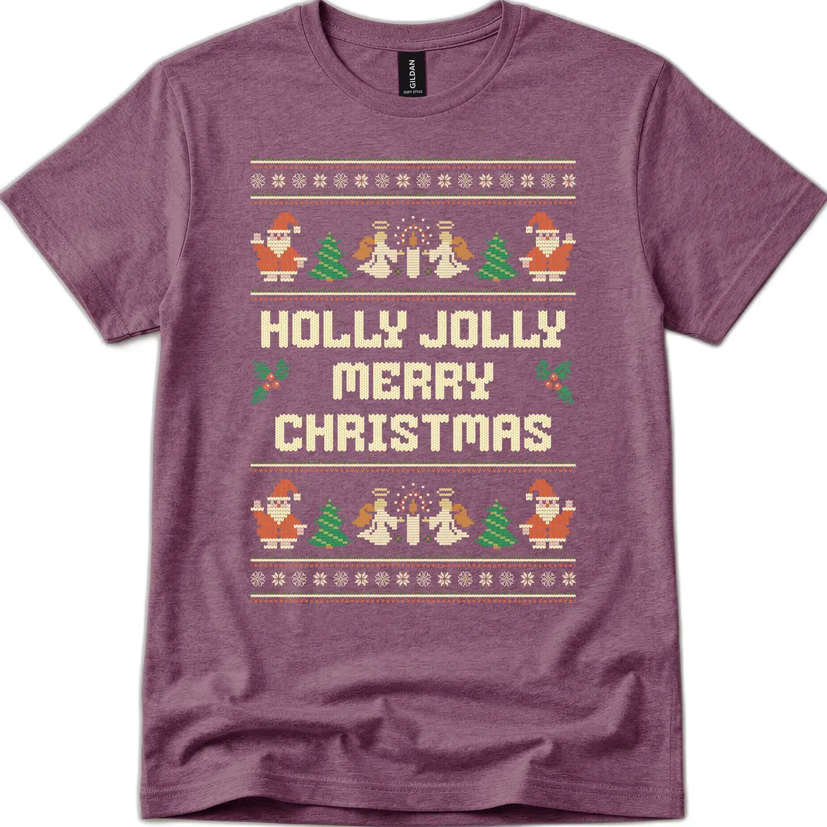 Holly Jolly Ugly Christmas Sweater T-Shirt in Heather Maroon
