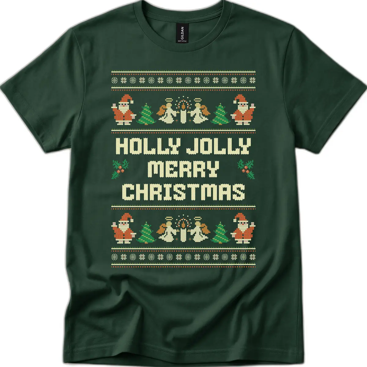 Holly Jolly Ugly Christmas Sweater T-Shirt in Forest Green