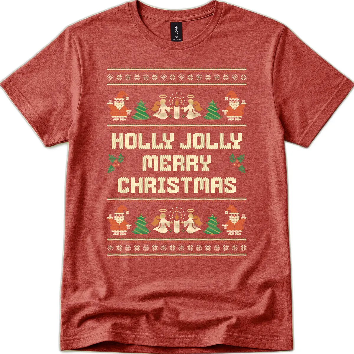 Holly Jolly Ugly Christmas Sweater T-Shirt in Heather Cardinal