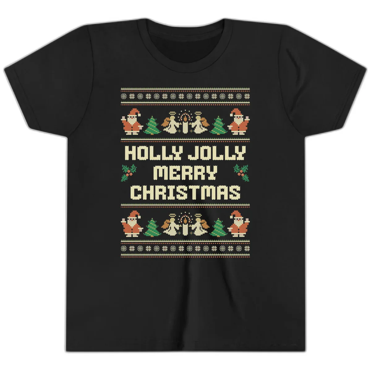 Holly Jolly Ugly Christmas Sweater Youth T-Shirt in Black