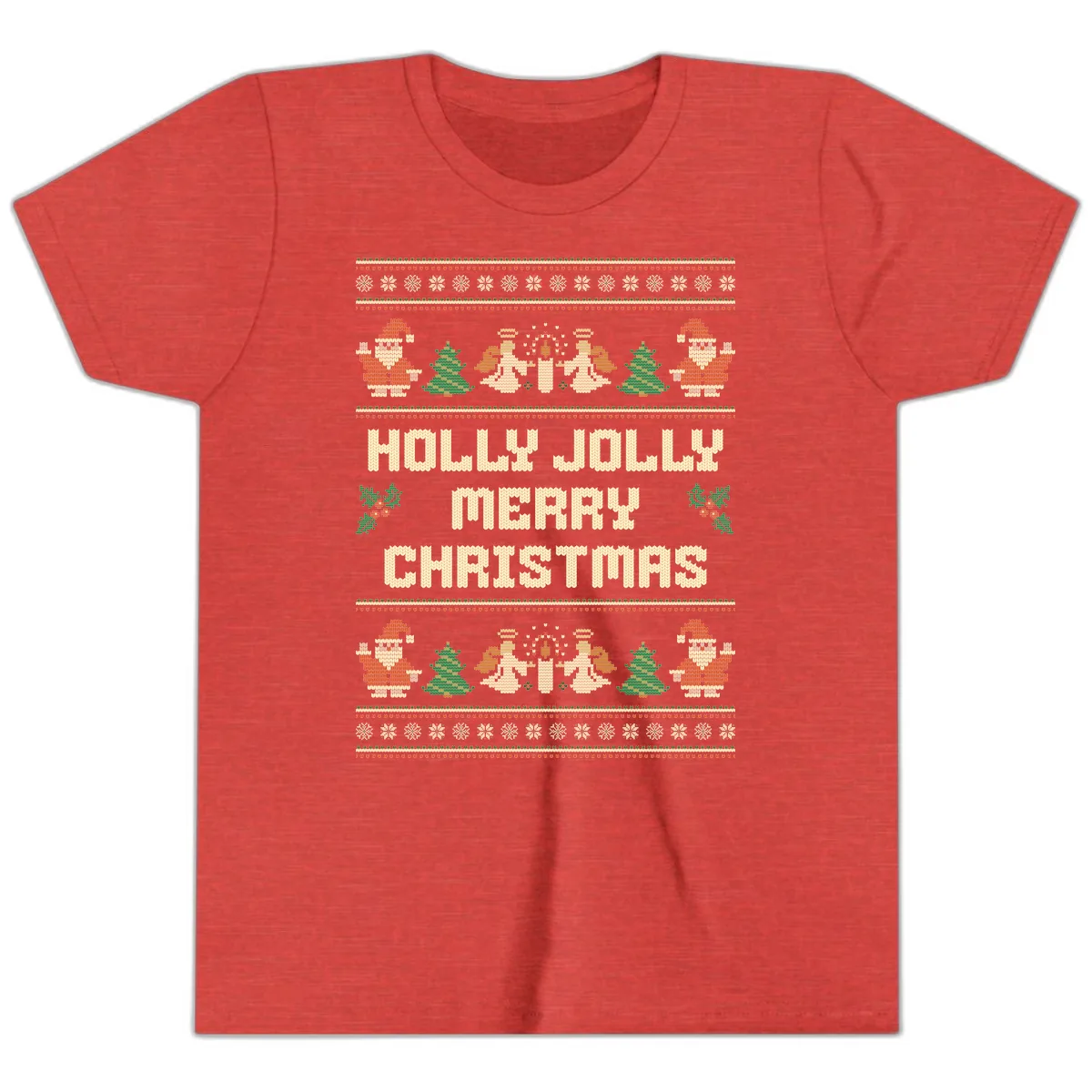 Holly Jolly Ugly Christmas Sweater Youth T-Shirt in Heather Red