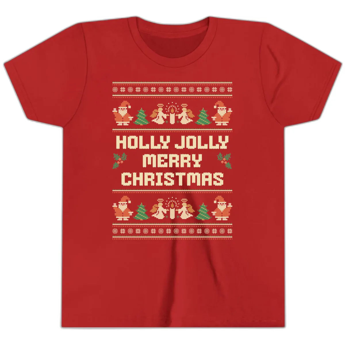Holly Jolly Ugly Christmas Sweater Youth T-Shirt in Red