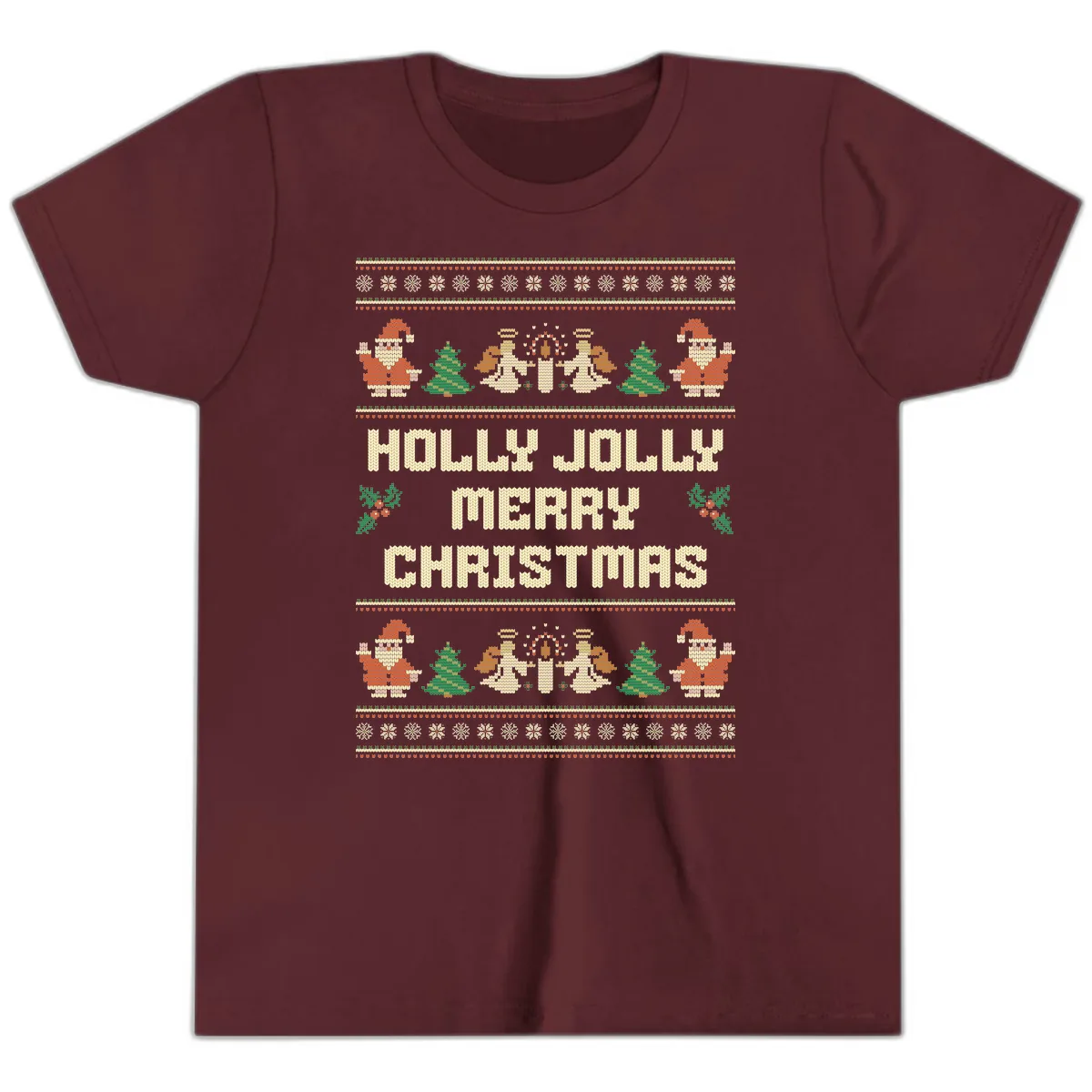 Holly Jolly Ugly Christmas Sweater Youth T-Shirt in Maroon