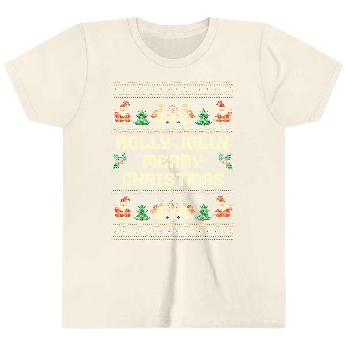 Holly Jolly Ugly Christmas Sweater Youth T-Shirt in Natural