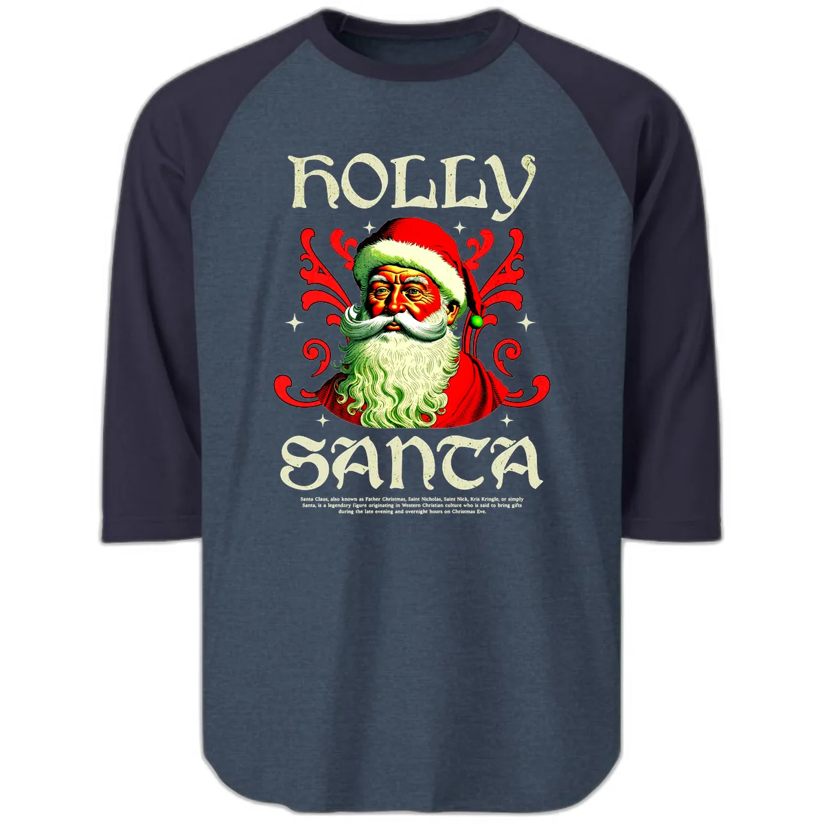 Holly Jolly Santa Claus Raglan 3/4 in Heather Denim Navy