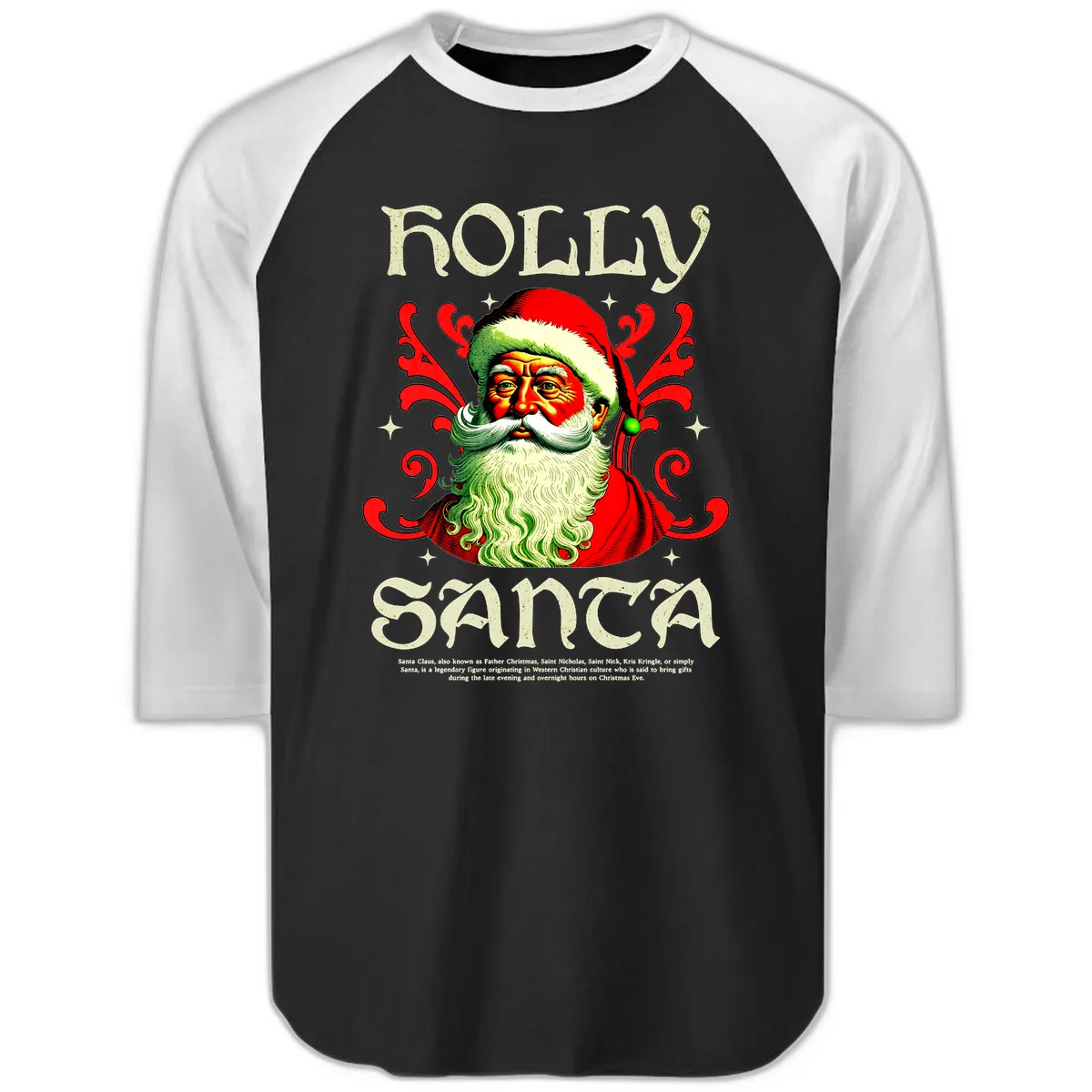 Holly Jolly Santa Claus Raglan 3/4 in Black White