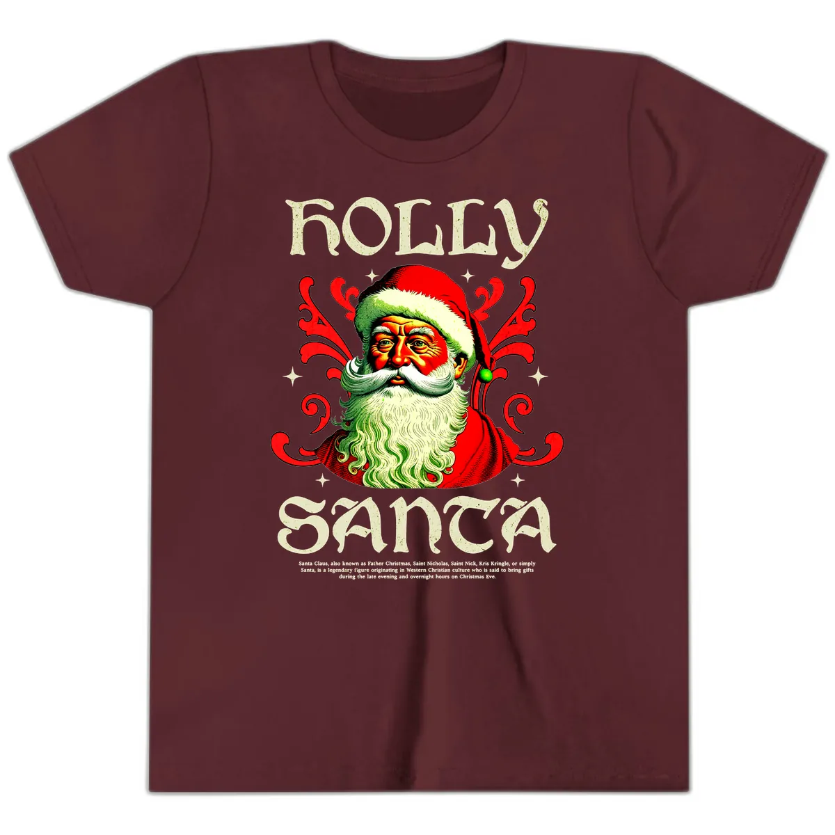Holly Jolly Santa Claus Youth T-Shirt in Maroon