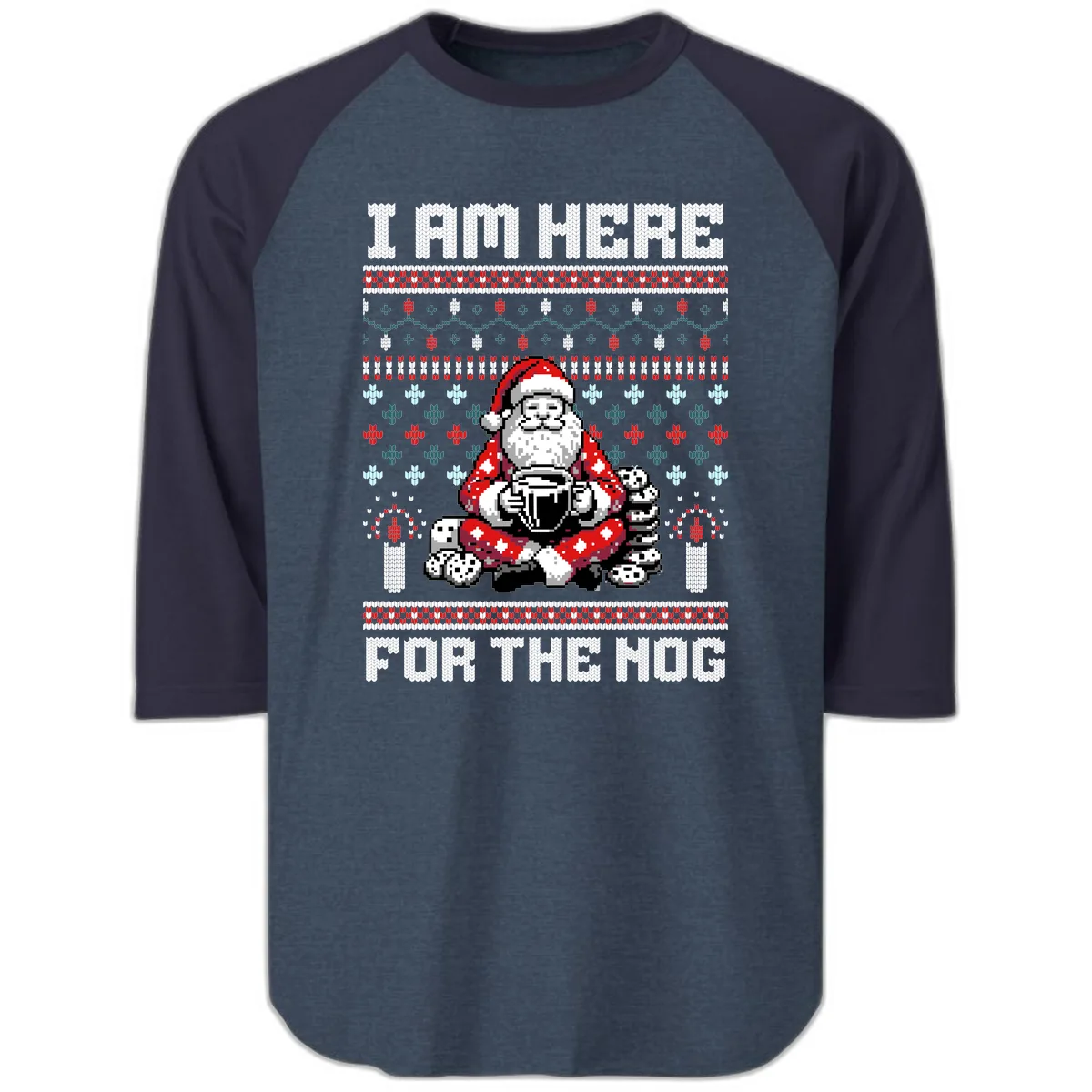 Santa Is Here For The Nog Raglan 3/4 in Heather Denim Navy