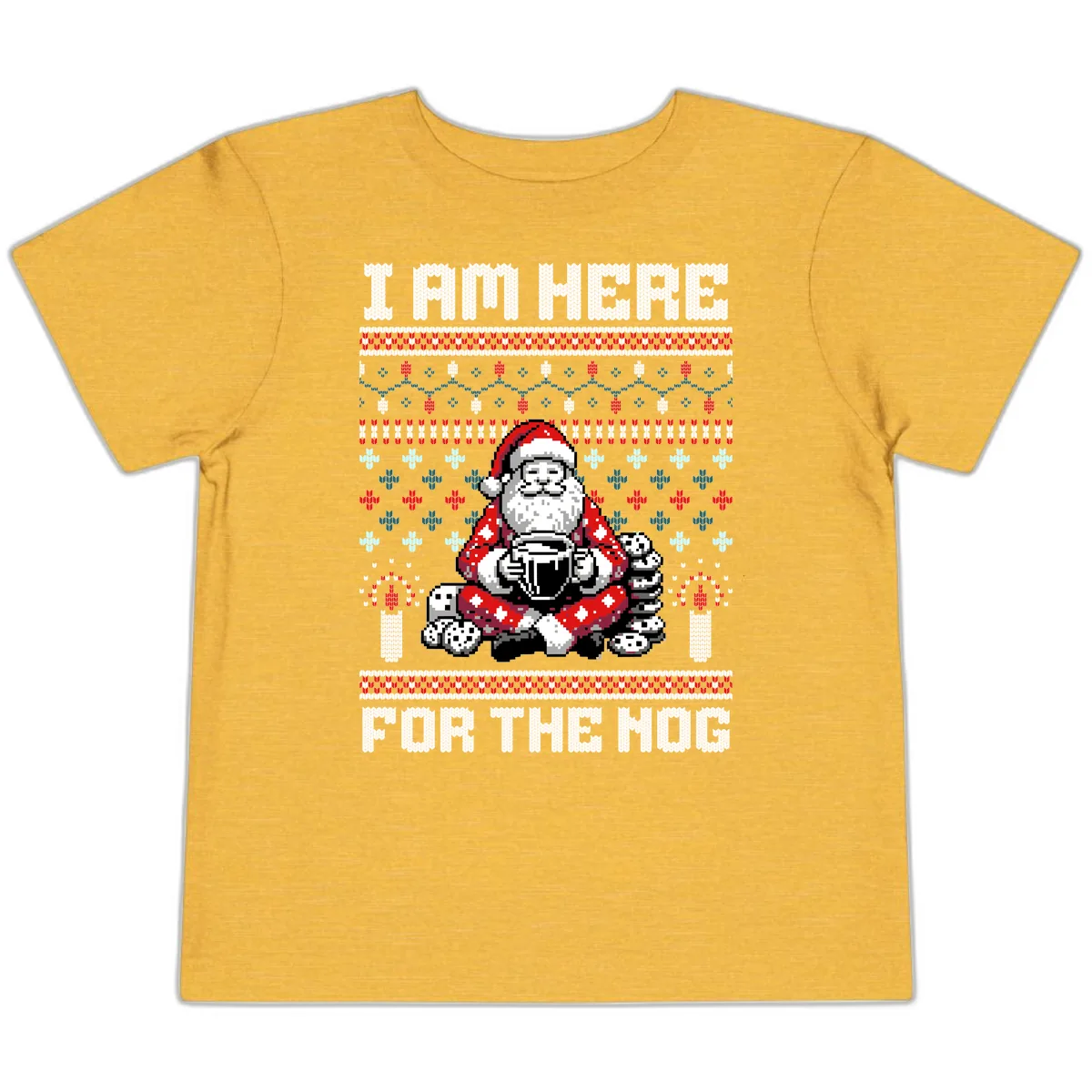 Santa Is Here For The Nog Toddler T-Shirt in Heather Yellow Gold