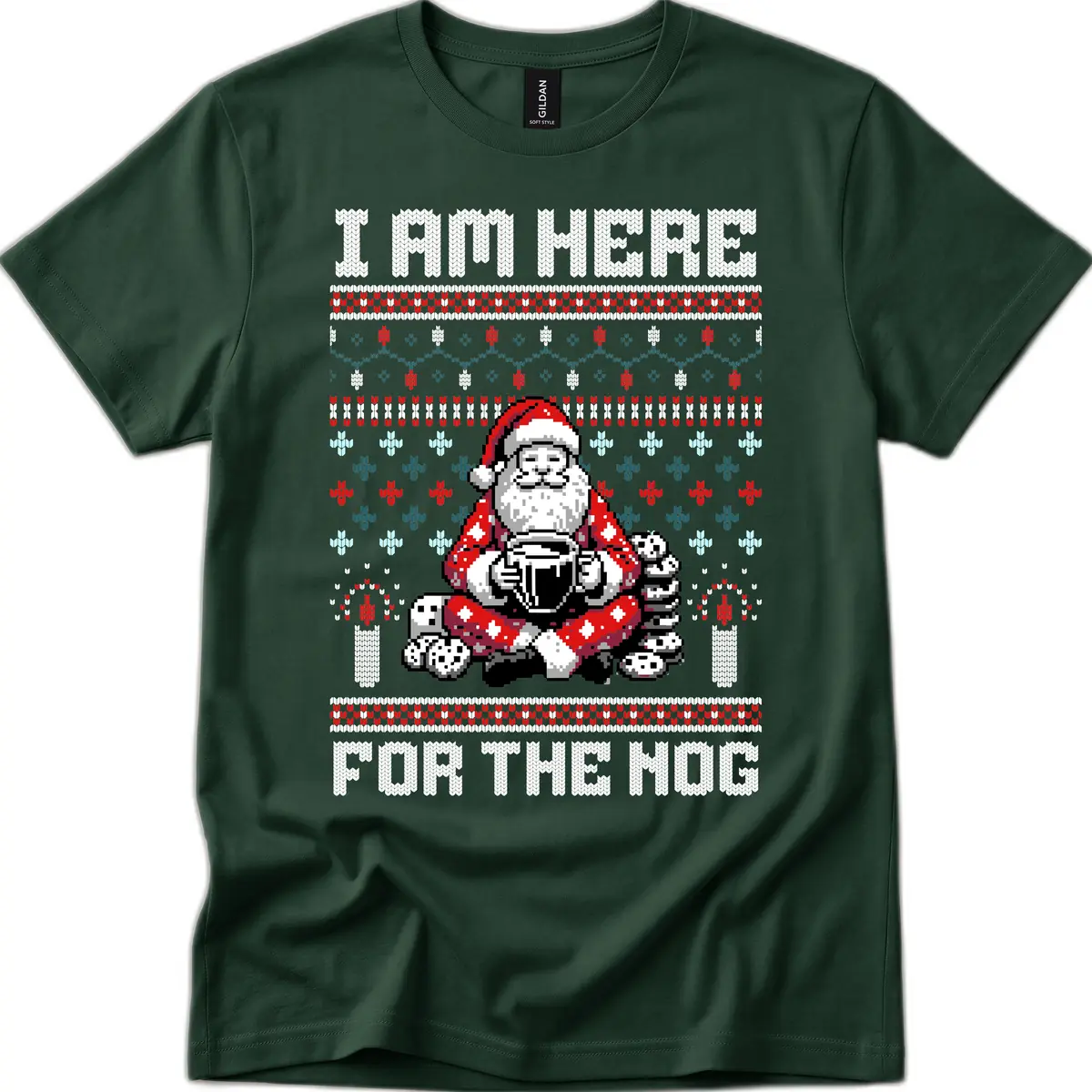 Santa Is Here For The Nog T-Shirt in Forest Green