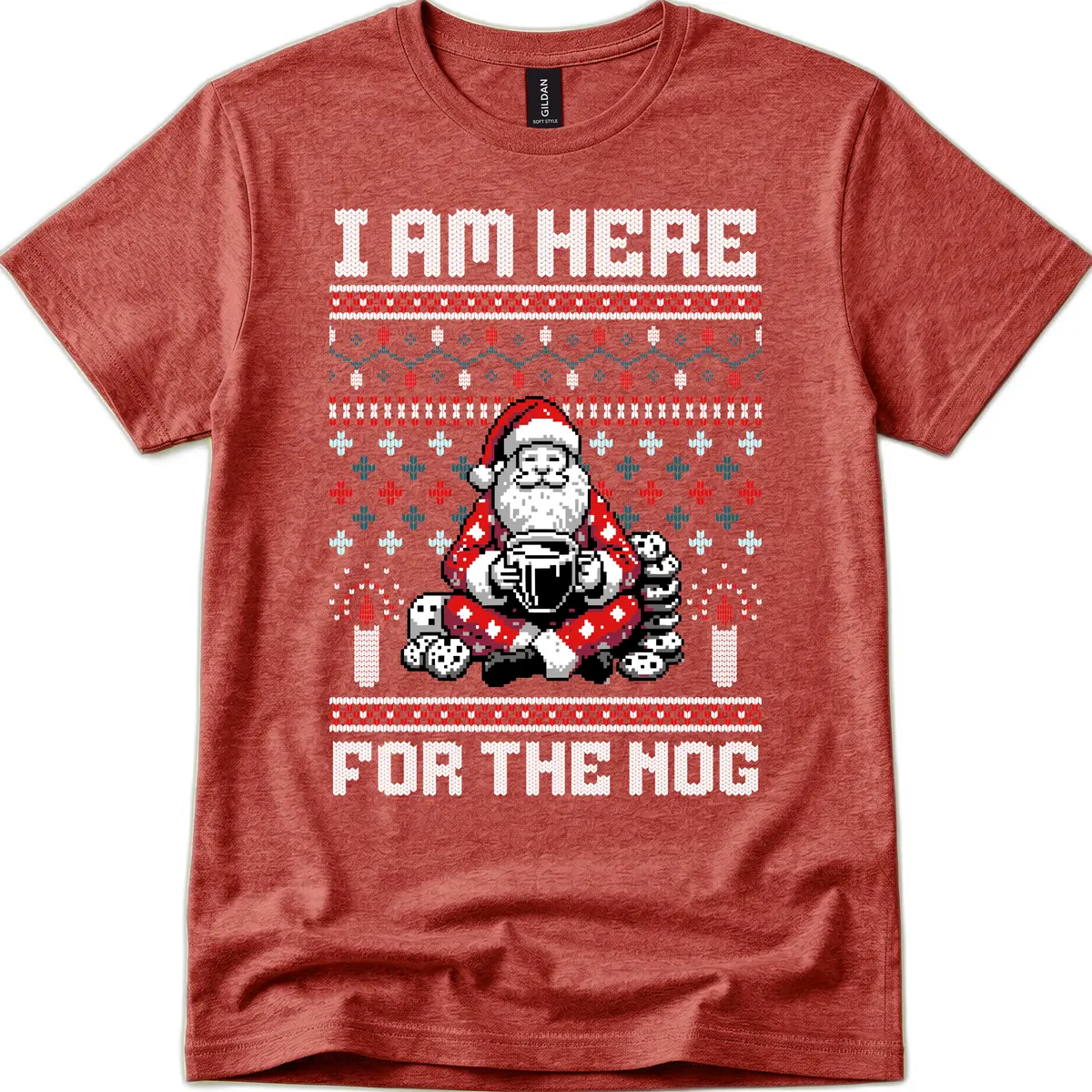 Santa Is Here For The Nog T-Shirt in Heather Cardinal