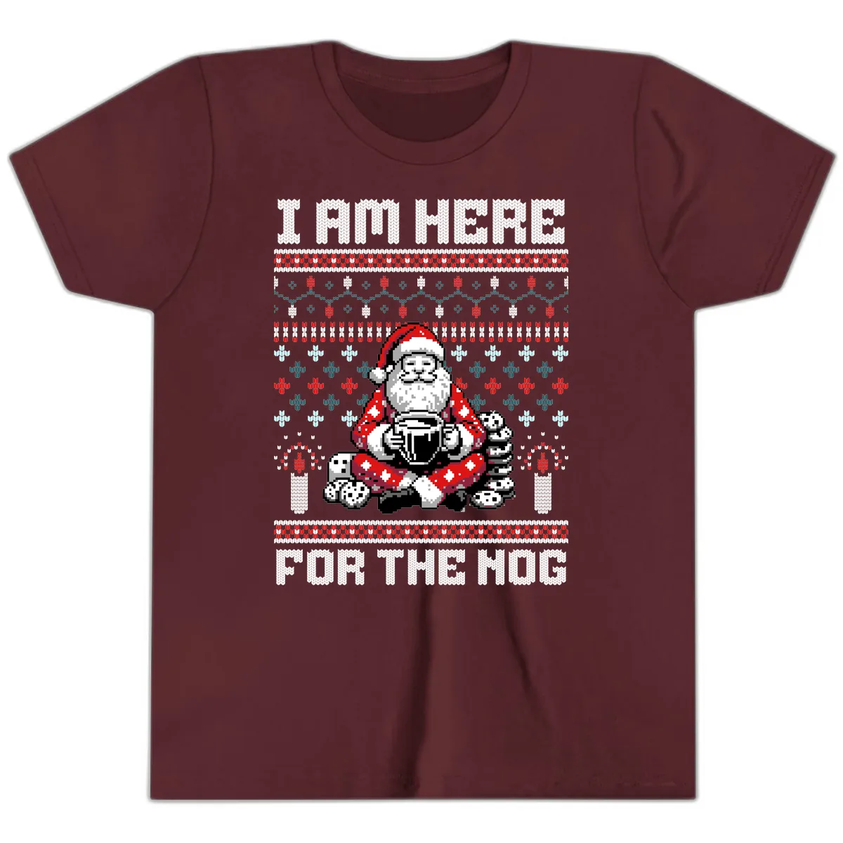 Santa Is Here For The Nog Youth T-Shirt in Maroon