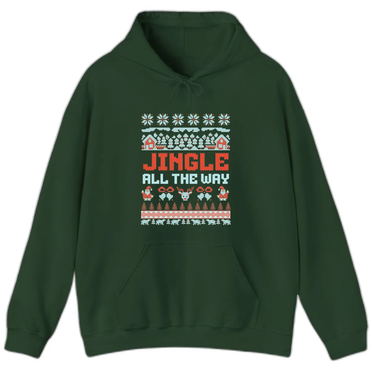 Jingle All The Way Ugly Christmas Sweater Hoodie in Forest Green