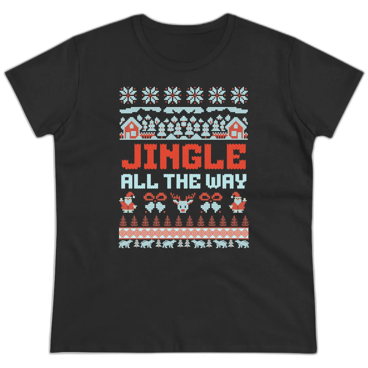 Jingle All The Way Ugly Christmas Sweater Ladies Tee in Black