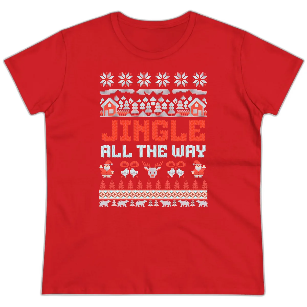 Jingle All The Way Ugly Christmas Sweater Ladies Tee in Red