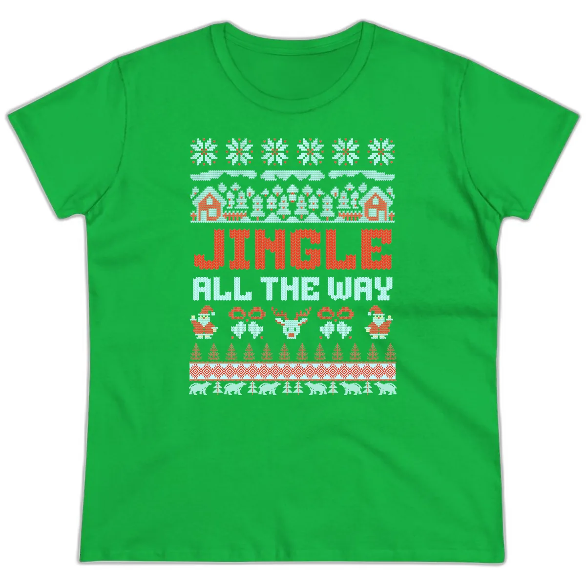 Jingle All The Way Ugly Christmas Sweater Ladies Tee in Irish Green