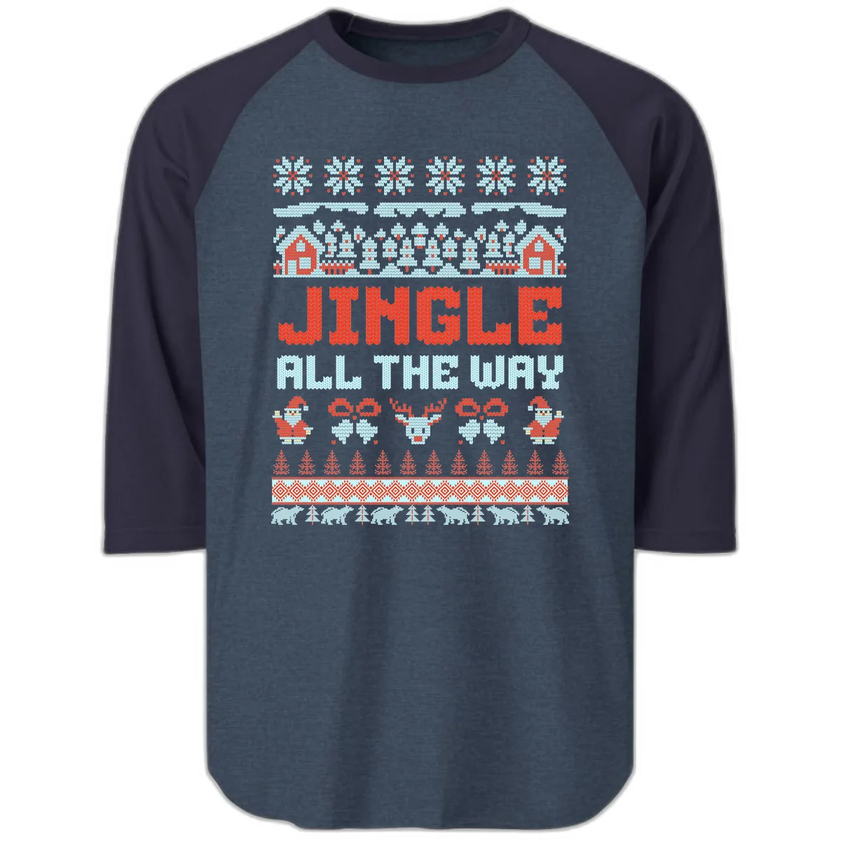 Jingle All The Way Ugly Christmas Sweater Raglan 3/4 in Heather Denim Navy