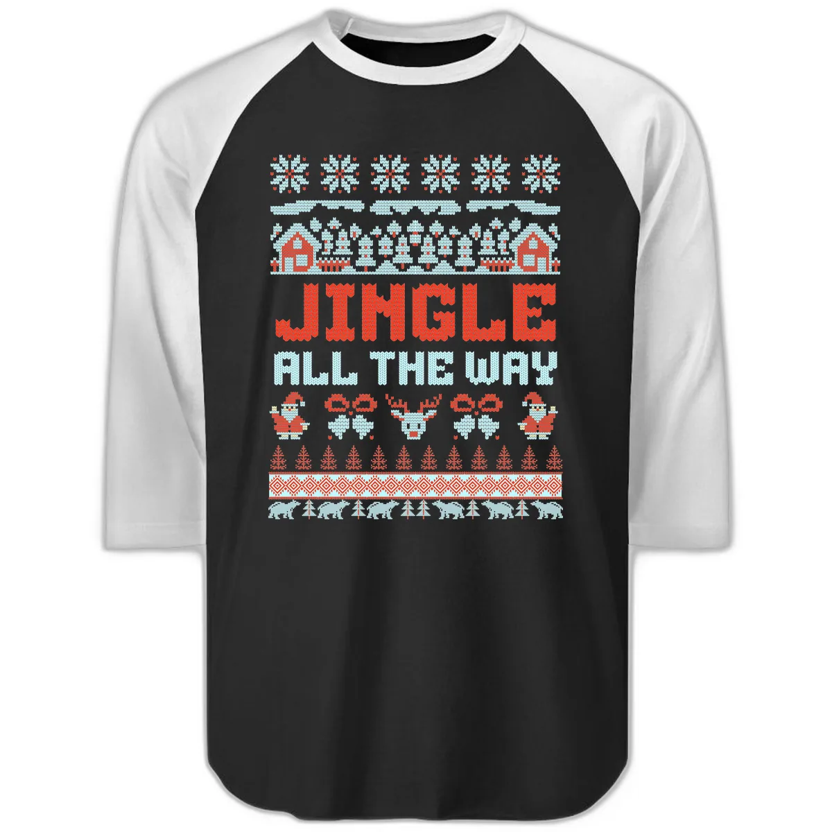 Jingle All The Way Ugly Christmas Sweater Raglan 3/4 in Black White