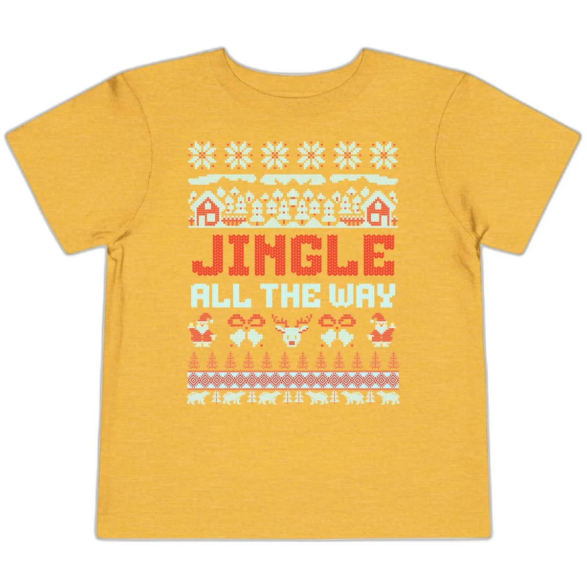 Jingle All The Way Ugly Christmas Sweater Toddler T-Shirt in Heather Yellow Gold