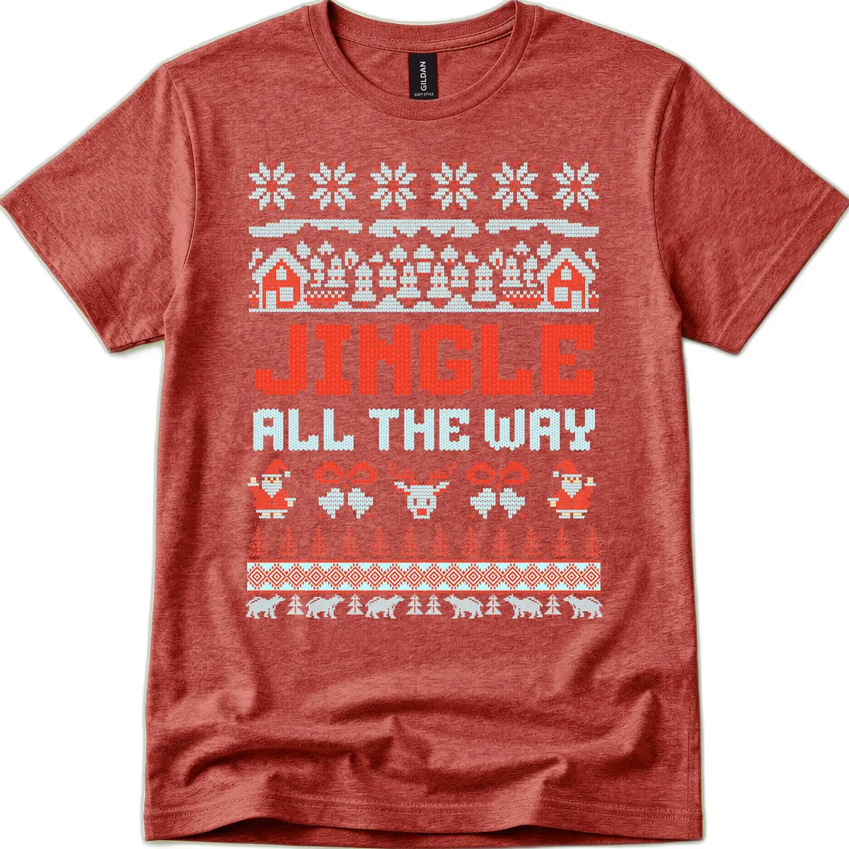 Jingle All The Way Ugly Christmas Sweater T-Shirt in Heather Cardinal
