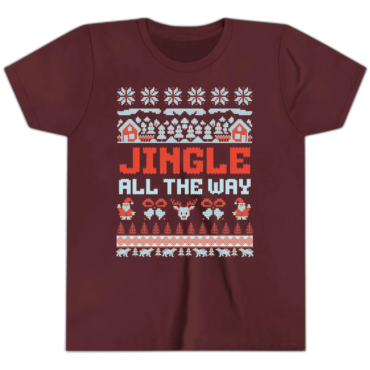 Jingle All The Way Ugly Christmas Sweater Youth T-Shirt in Maroon