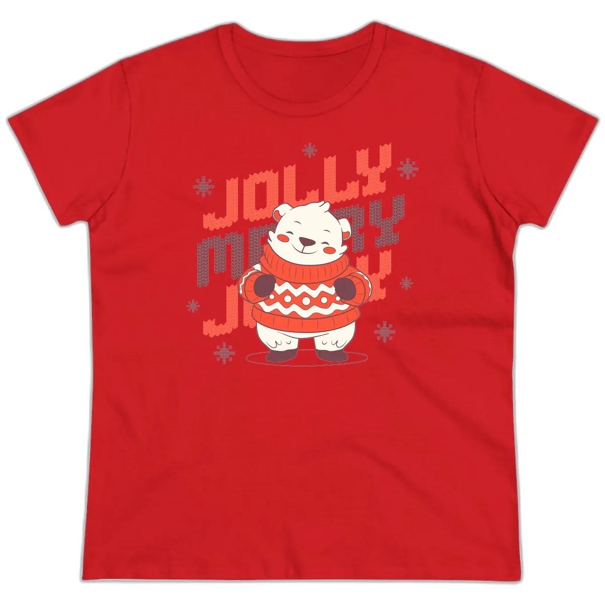 Jolly Merry Polar Bear Sweater Ladies Tee in Red