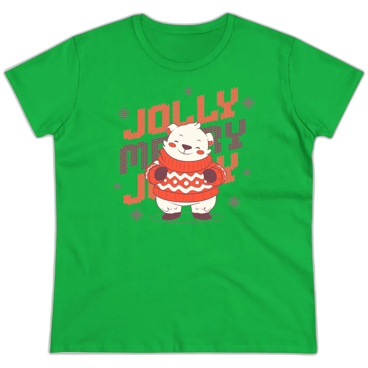 Jolly Merry Polar Bear Sweater Ladies Tee in Irish Green