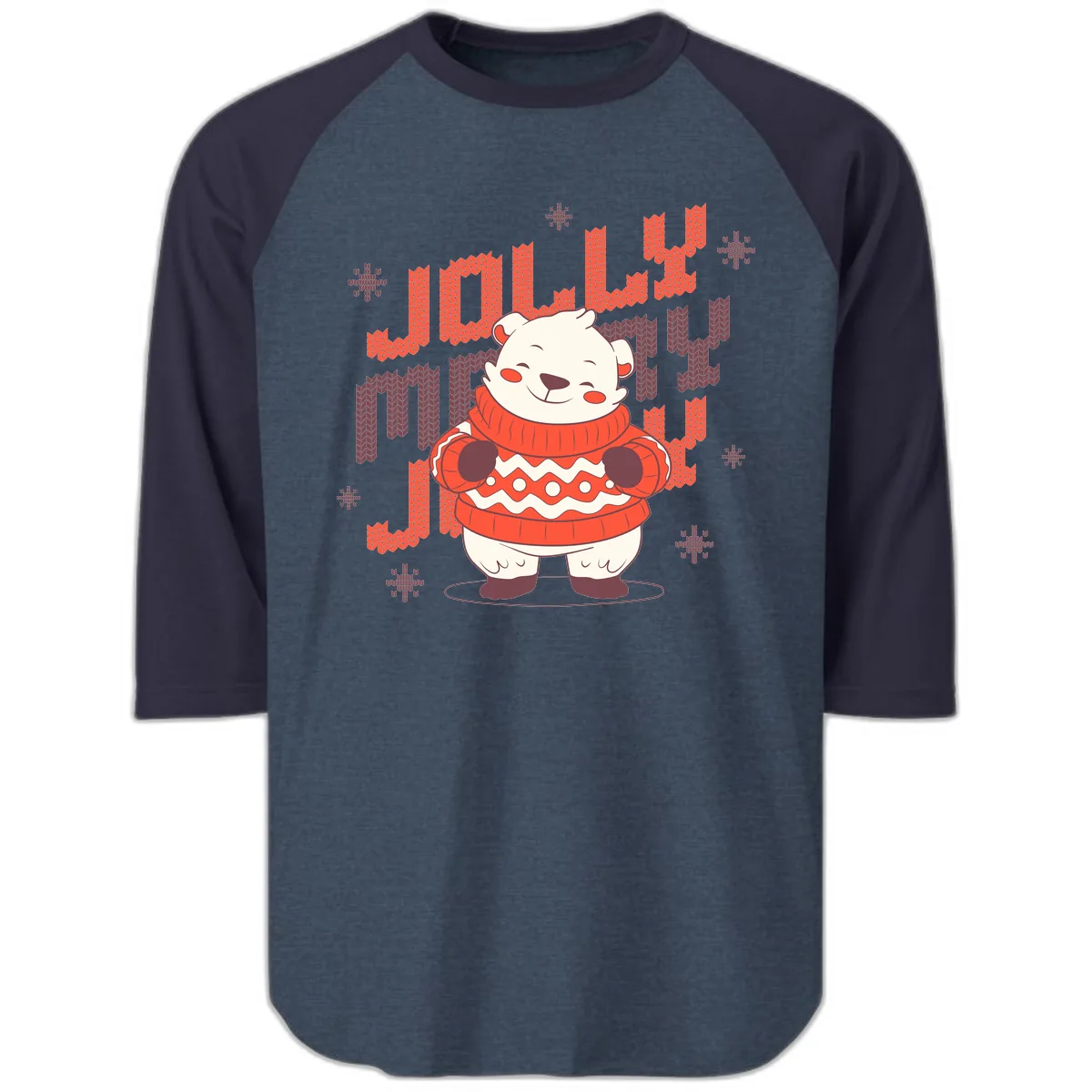 Jolly Merry Polar Bear Sweater Raglan 3/4 in Heather Denim Navy