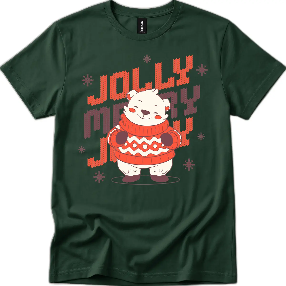 Jolly Merry Polar Bear Sweater T-Shirt in Forest Green