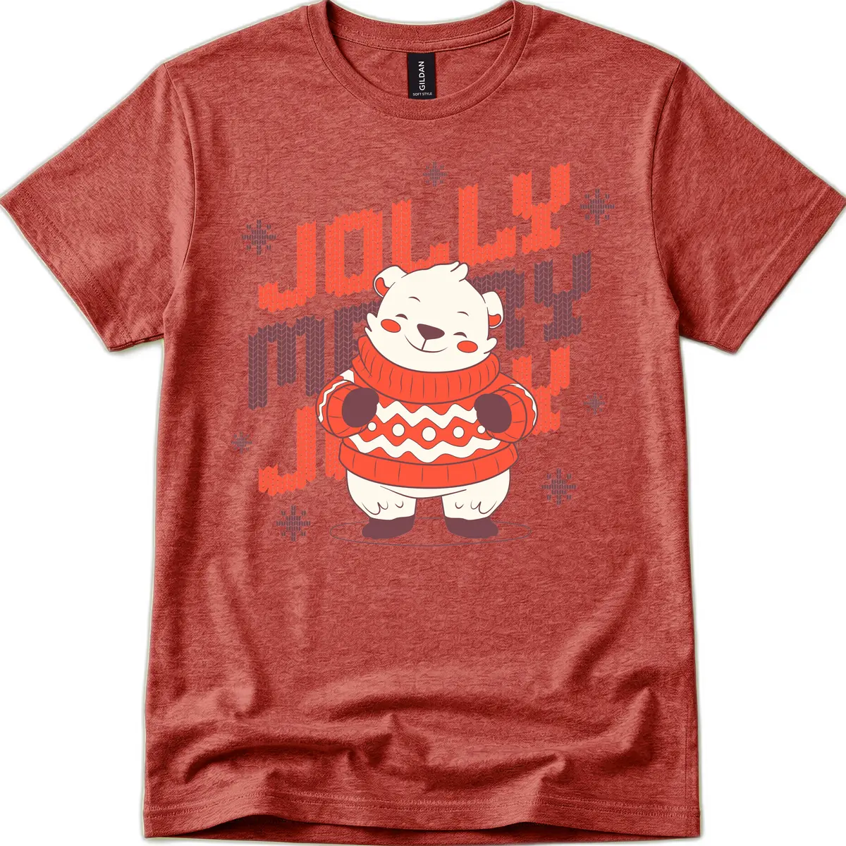 Jolly Merry Polar Bear Sweater T-Shirt in Heather Cardinal