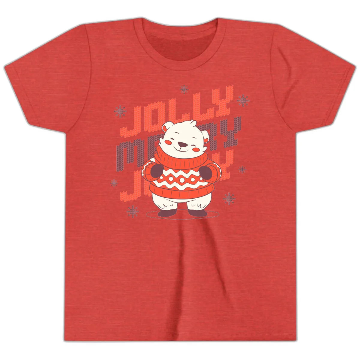 Jolly Merry Polar Bear Sweater Youth T-Shirt in Heather Red