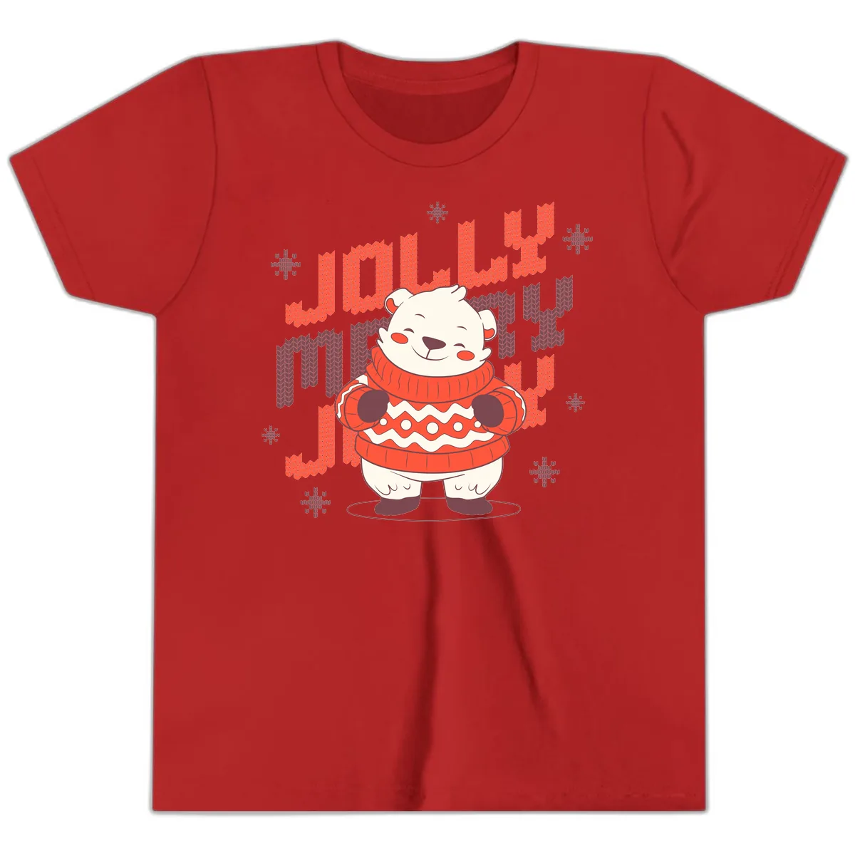 Jolly Merry Polar Bear Sweater Youth T-Shirt in Red