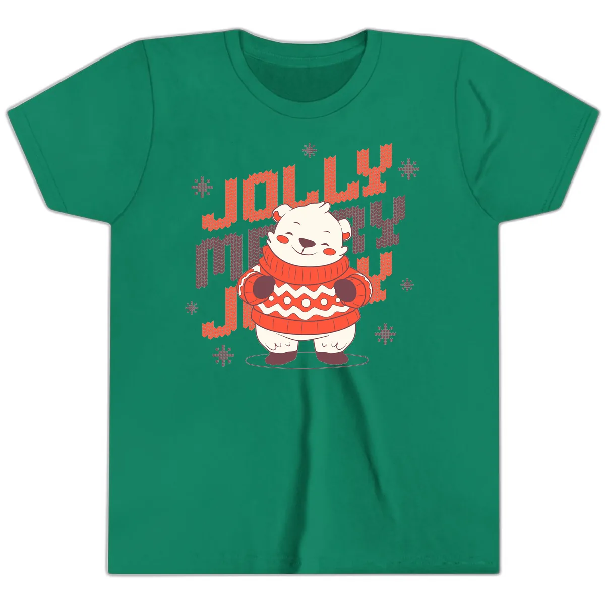 Jolly Merry Polar Bear Sweater Youth T-Shirt in Kelly