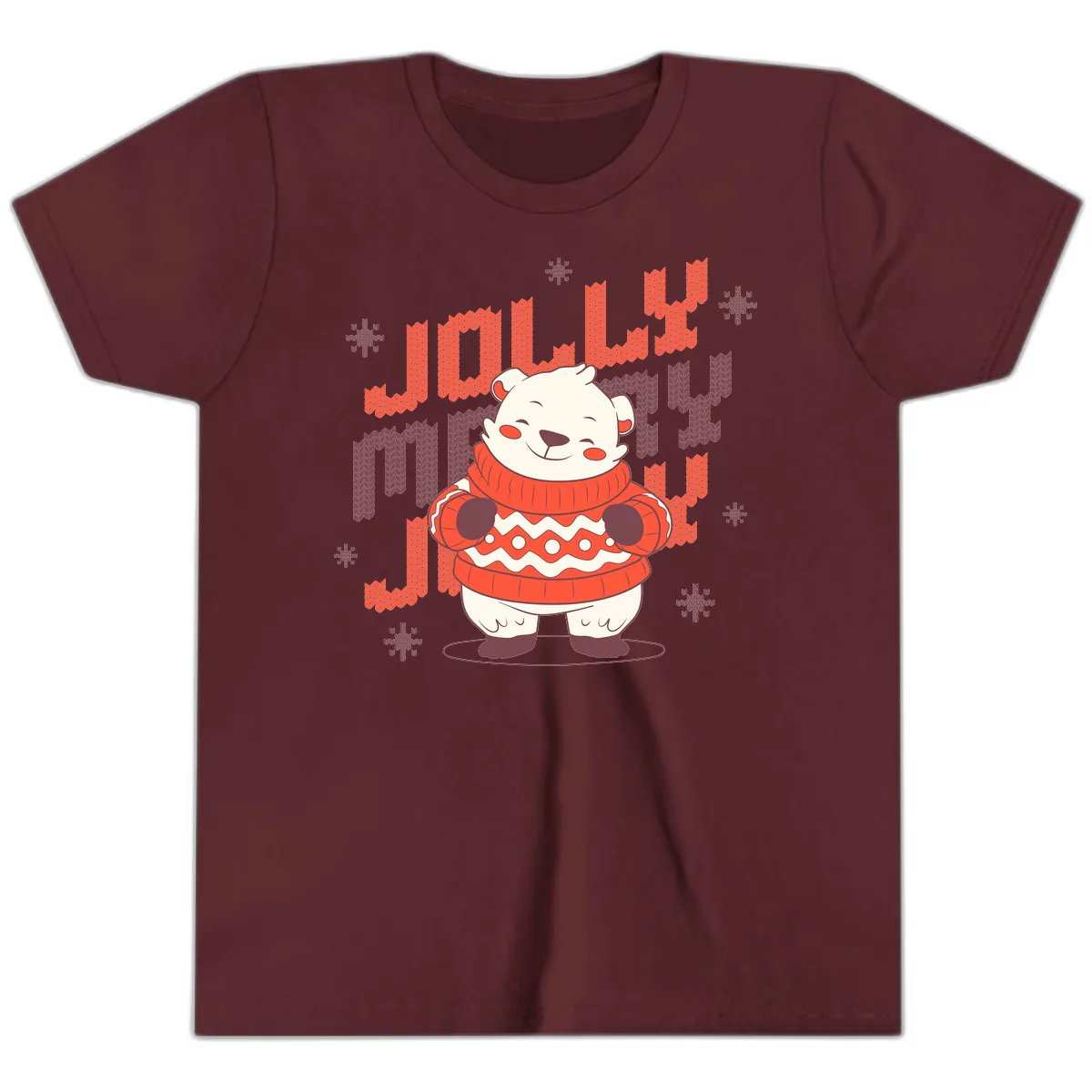 Jolly Merry Polar Bear Sweater Youth T-Shirt in Maroon