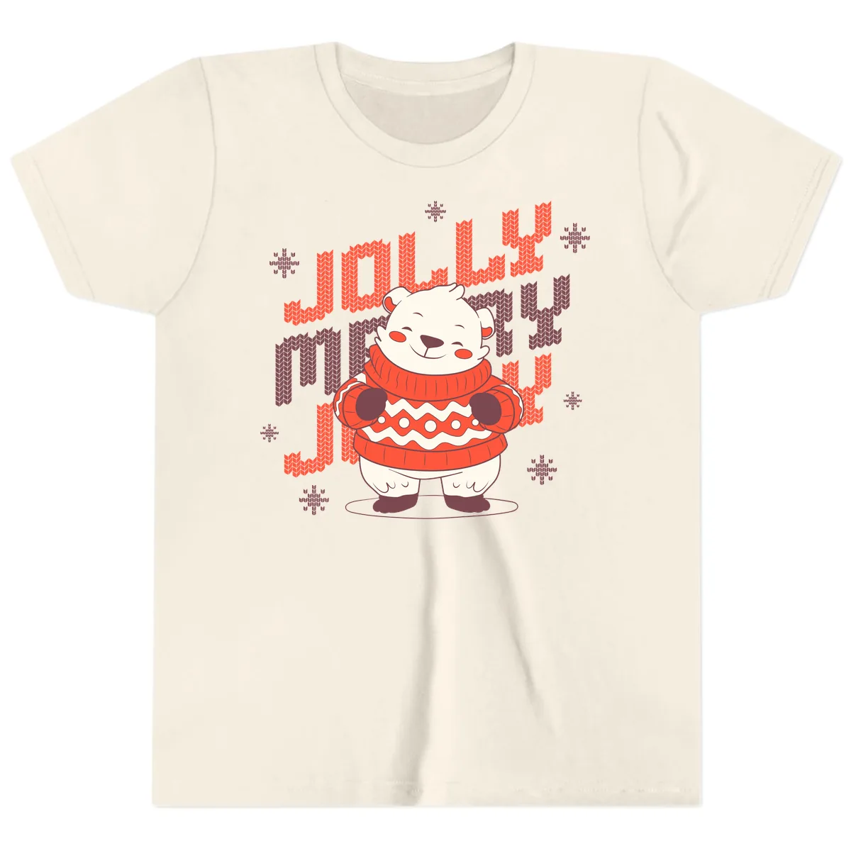 Jolly Merry Polar Bear Sweater Youth T-Shirt in Natural