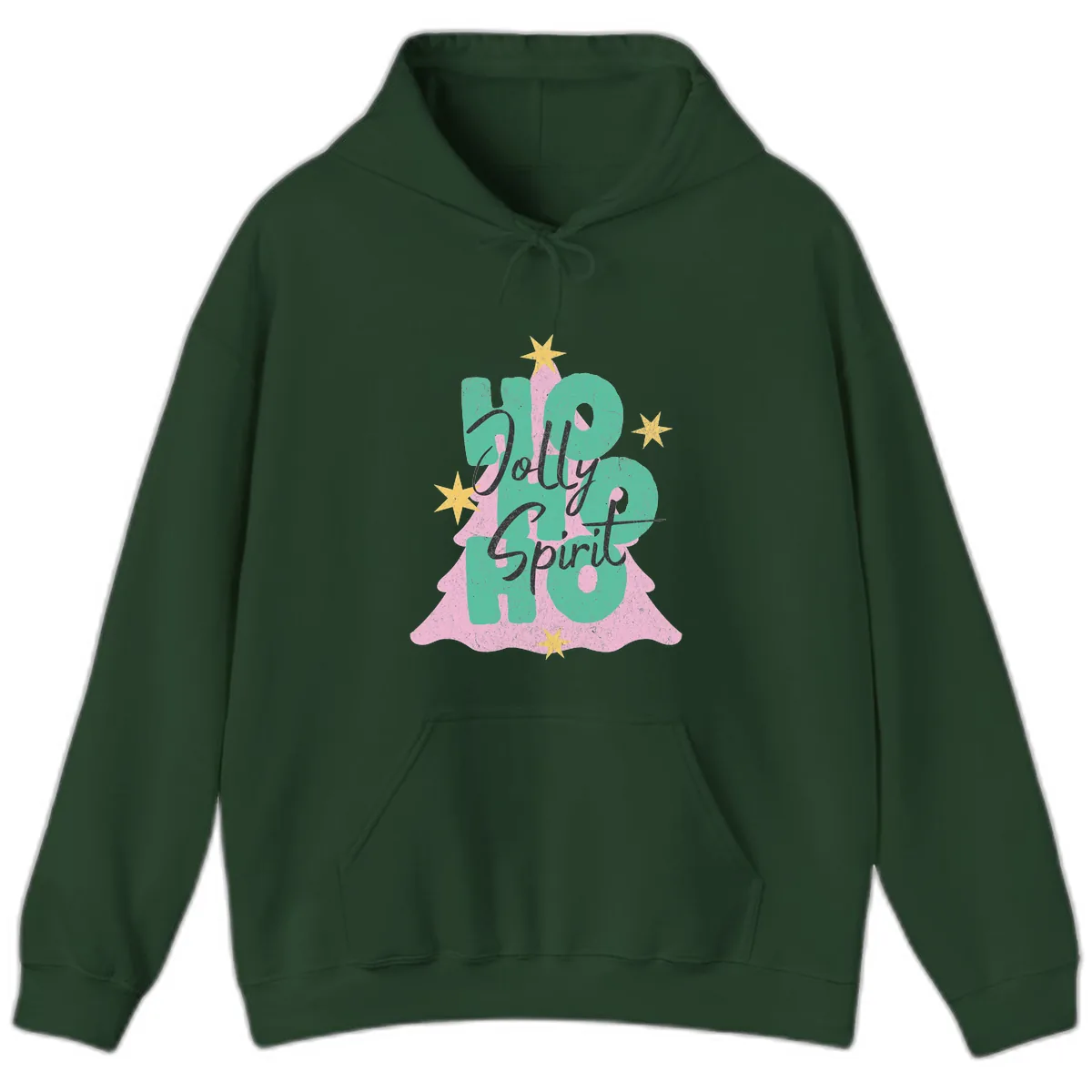 Jolly Ho Ho Spirit Christmas Tree Hoodie in Forest Green