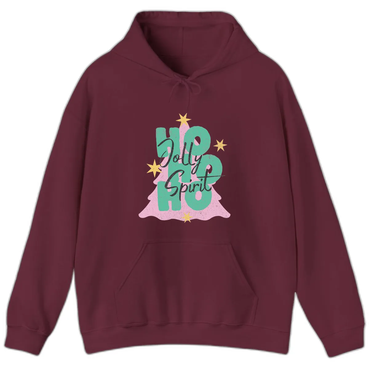 Jolly Ho Ho Spirit Christmas Tree Hoodie in Maroon