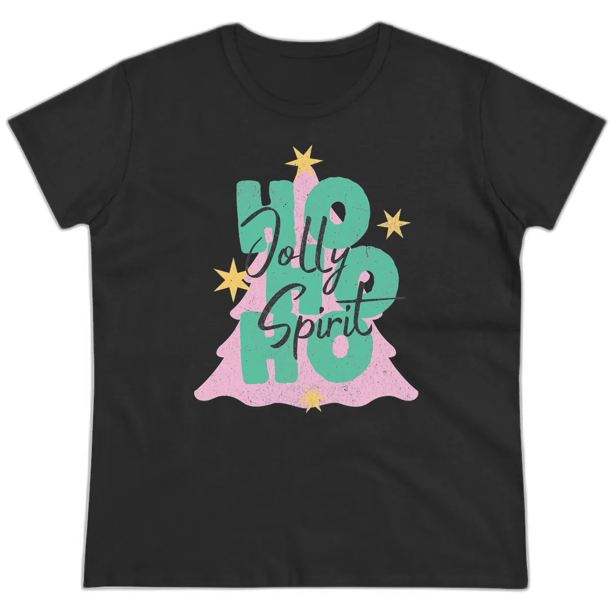Jolly Ho Ho Spirit Christmas Tree Ladies Tee in Black