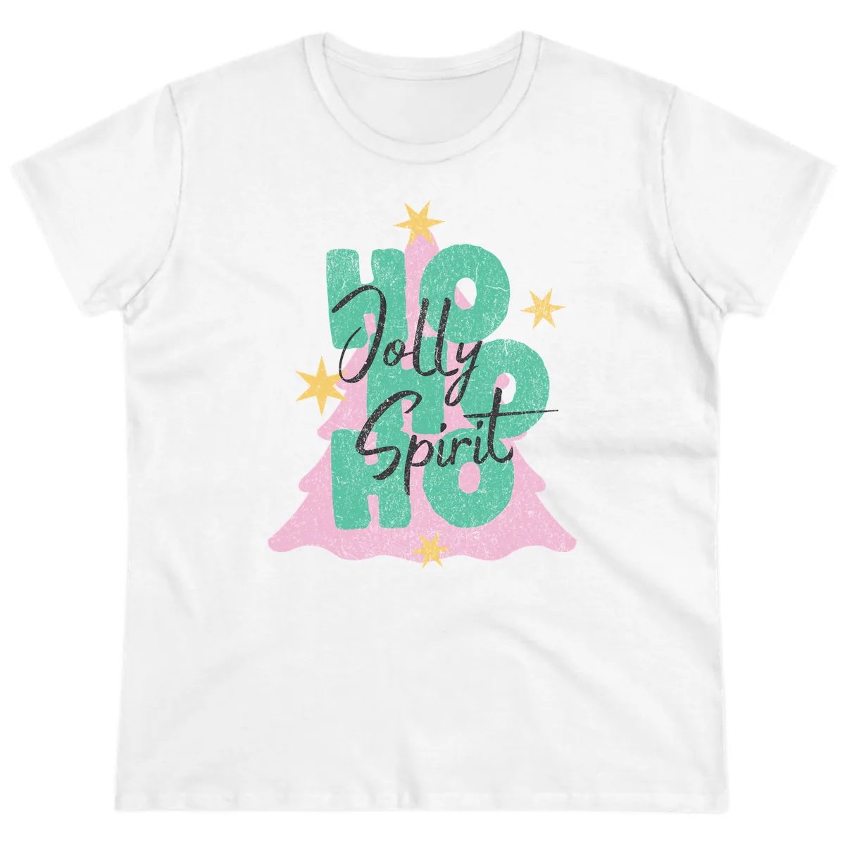 Jolly Ho Ho Spirit Christmas Tree Ladies Tee in White